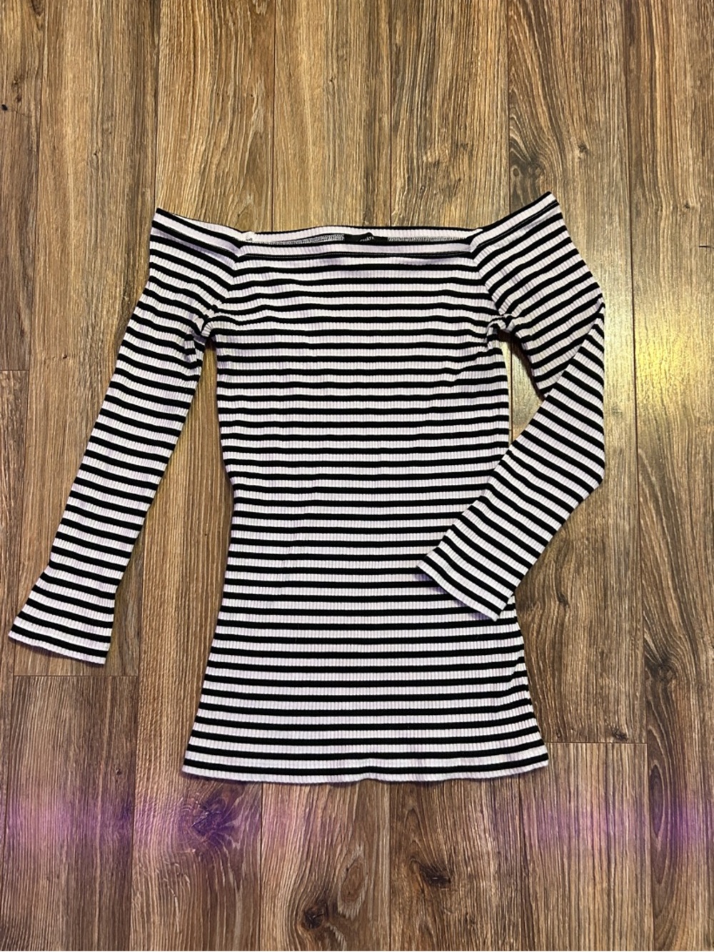 le chateau Black & White Striped Off-Shoulder Ribbed Top
